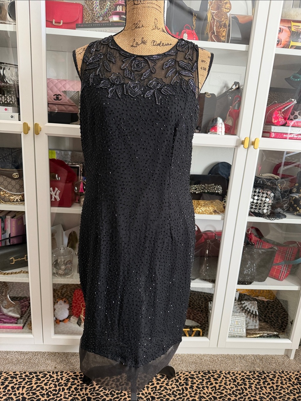 Stenay Black Beaded Sleeveless Sheath Dress with Embroidered Illusion Yoke